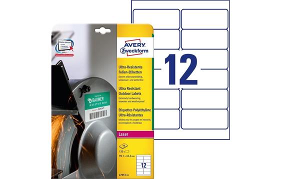 9428638 Avery L7913-10 Avery laseretiketter 99,1x42,3 mm (120) Ekstremt motstandsdyktige | Elastiske