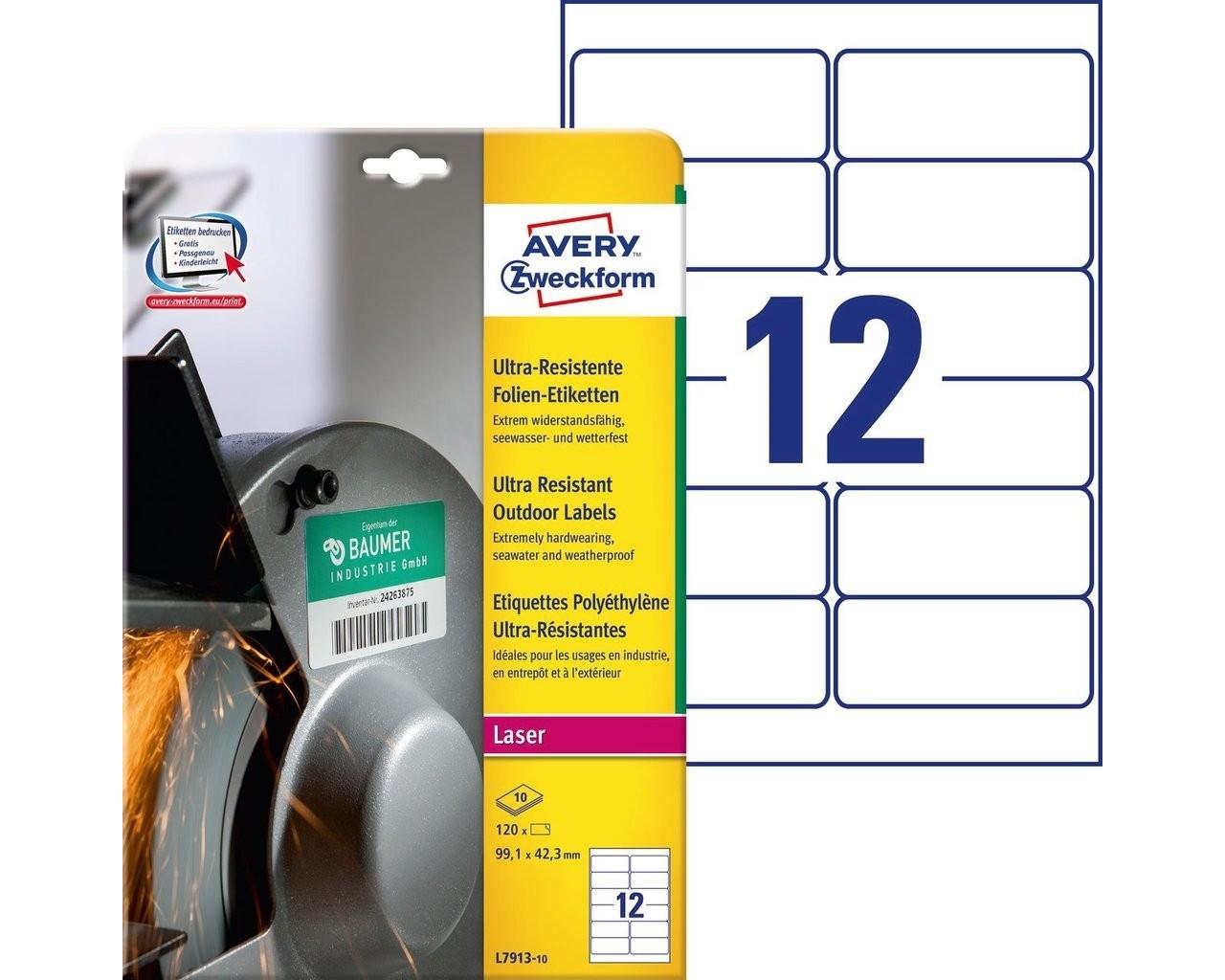 9428638  L7913-10 Avery laseretiketter 99,1x42,3 mm (120) Ekstremt motstandsdyktige | Elastiske